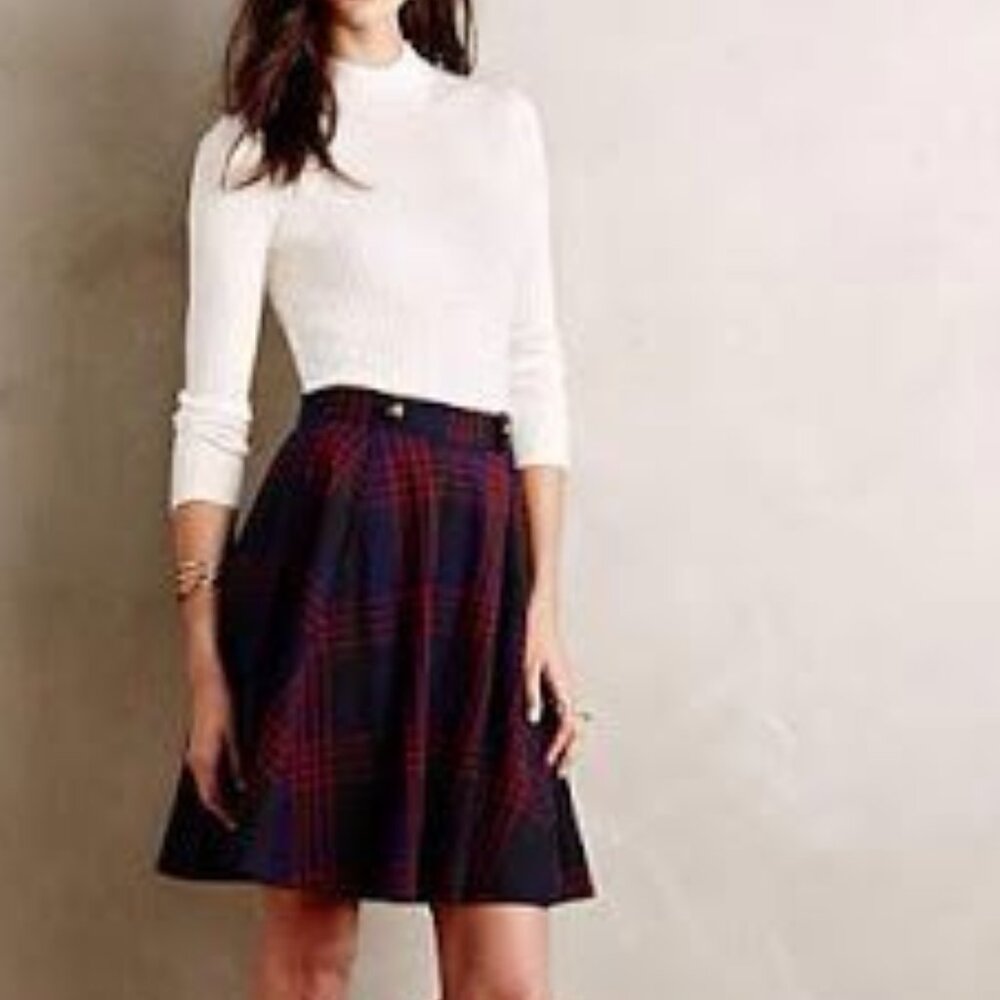 Anthropologie Denim Sailor Skirt Plaid A-Line Red NavyGrey - Picture 3 of 11